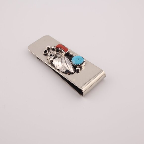Navajo Sterling Silver Turquoise and Coral Stones Money Clip Handmade Accessory* - Picture 6 of 7